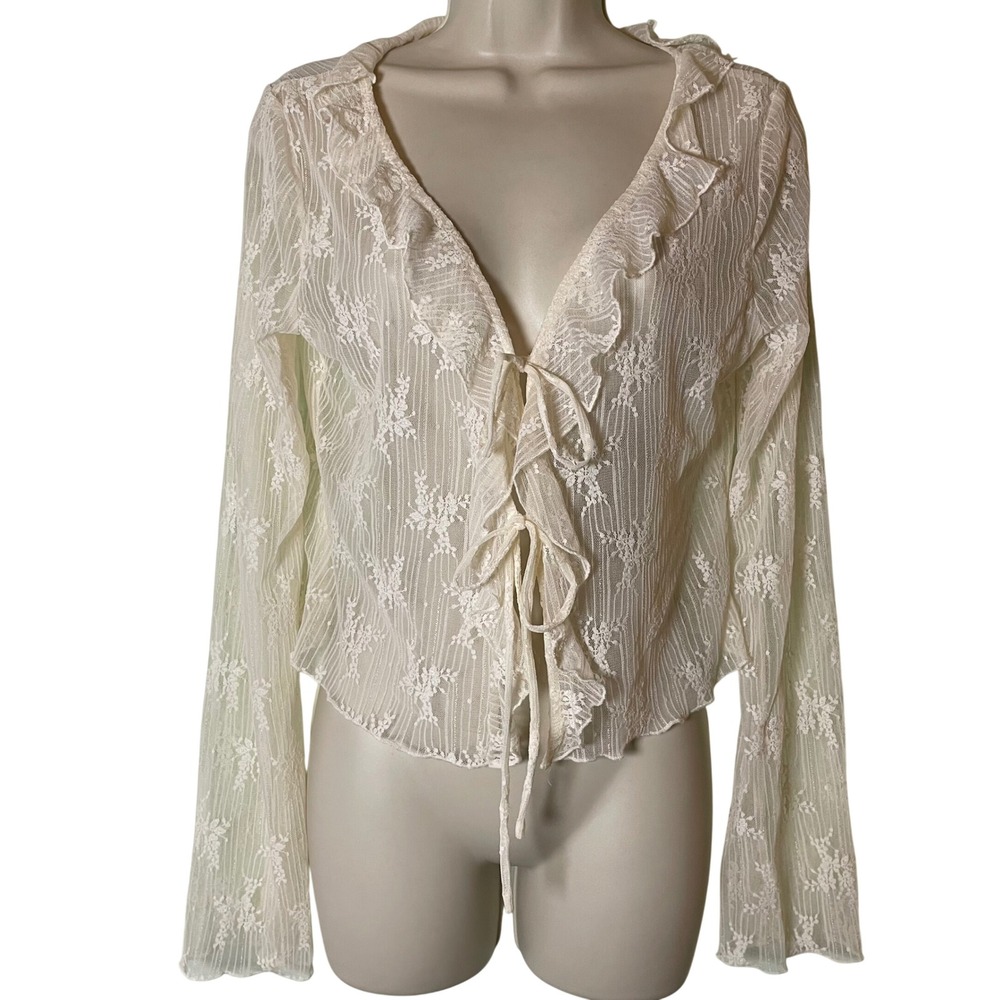 Thirty Thirty LA Lace Ruffle Front Bell Sleeve Cardigan Large Floral Coquette